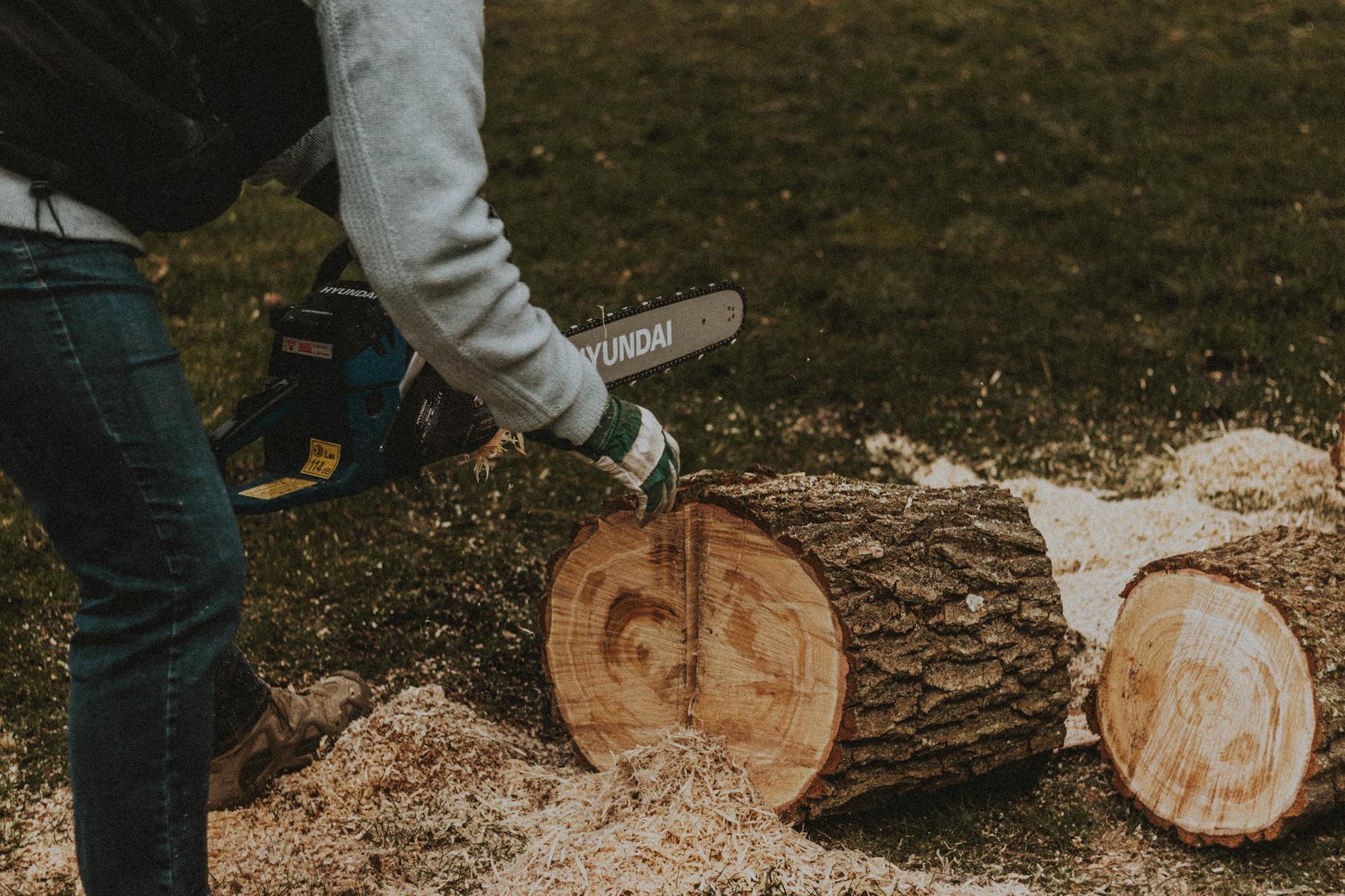 Side view of anonymous male in gloves with electric chainsaw sawing wooden stump on grassy lawn in suburb area during work